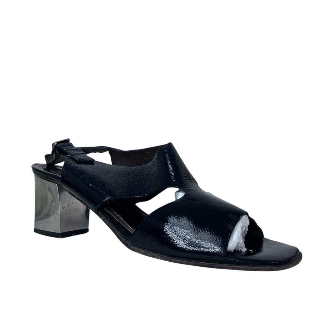 Marni Black Patent Leather Sling Back Silver Block Heel Sandal Size Italy 39